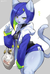 Rule 34 | 1girl, animal ears, blue fur, blue hair, body fur, cat, cat ears, cat girl, cat tail, colored inner hair, commentary request, cowboy shot, furry, furry female, green eyes, green hair, hair ornament, highres, hood, hoodie, looking at viewer, multicolored hair, open mouth, original, solo, star (symbol), star hair ornament, suurin (ksyaro), tail, thick thighs, thighs, twitter username
