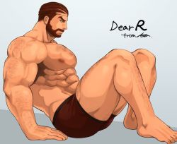 Rule 34 | 1boy, abs, arm hair, warrior of light (ff14), bara, beard, boxers, brown male underwear, chest hair, commission, facial hair, final fantasy, final fantasy xiv, from side, full body, hairy, harada (basashi), large pectorals, leg hair, male focus, male underwear, mature male, muscular, muscular male, mustache, nipples, pectorals, roegadyn, short hair, skeb commission, solo, stomach, thick thighs, thighs, topless male, underwear, underwear only