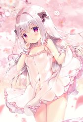 Rule 34 | !, !!, 1girl, :o, absurdres, azumi kazuki, bare shoulders, black bow, blush, bow, breasts, commentary request, dress, flower, frilled dress, frills, grey hair, hair between eyes, hair bow, hair intakes, highres, long hair, looking at viewer, navel, original, parted lips, petals, pink flower, red eyes, skirt hold, sleeveless, sleeveless dress, small breasts, solo, standing, very long hair, white dress, white flower, wrist cuffs
