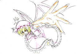 Rule 34 | &gt;:), 1girl, :d, alternate hair color, bat wings, blonde hair, color trace, female focus, fingernails, foreshortening, h-new, hat, long fingernails, open mouth, outstretched arms, outstretched hand, production art, remilia scarlet, short hair, sketch, smile, solo, spread arms, touhou, v-shaped eyebrows, wings