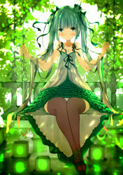 Rule 34 | 1girl, bad id, bad pixiv id, bare arms, bare shoulders, blunt bangs, blurry, blurry background, blurry foreground, blush, breasts, cleavage, collarbone, commentary, depth of field, dress, glowing, green dress, green eyes, green footwear, green hair, hands up, hatsune miku, highres, jewelry, layered dress, long hair, pendant, pleated dress, senya fuurin, shoes, sitting, small breasts, solo, swing, symbol-only commentary, twintails, very long hair, vocaloid, white dress