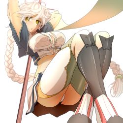 Rule 34 | 10s, 1girl, arms behind head, blush, braid, breasts, brown eyes, cleavage cutout, clothing cutout, cloud print, highres, ishikkoro, kantai collection, large breasts, long hair, looking at viewer, midriff, miniskirt, panties, silver hair, single braid, skirt, solo, thighhighs, thighs, underwear, unryuu (kancolle), very long hair