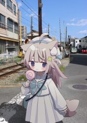 Rule 34 | 1girl, ahoge, animal ear fluff, animal ears, bag, beret, blue bow, blue sky, bow, brown hair, candy, car, closed mouth, cloud, commentary request, day, food, hat, highres, holding, holding candy, holding food, holding lollipop, lollipop, long hair, long sleeves, motor vehicle, nakkar, original, outdoors, photo background, pleated skirt, power lines, puffy long sleeves, puffy sleeves, purple eyes, railroad tracks, sailor collar, school uniform, serafuku, shirt, short eyebrows, shoulder bag, skirt, sky, sleeves past wrists, solo, swirl lollipop, tail, thick eyebrows, tongue, tongue out, utility pole, white hat, white sailor collar, white serafuku, white shirt, white skirt