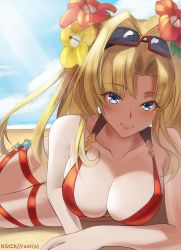 Rule 34 | 1girl, beach, bikini, blonde hair, blue eyes, blue sky, blush, breasts, cleavage, collarbone, commentary, day, english commentary, eyewear on head, flower, granblue fantasy, grin, hair flower, hair ornament, highres, large breasts, leg ribbon, long hair, looking at viewer, lying, nstch root a, red bikini, ribbon, sky, smile, solo, sunglasses, sunglasses on head, sunlight, swimsuit, thigh ribbon, twintails, zeta (granblue fantasy), zeta (summer) (granblue fantasy)