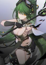 Rule 34 | 1girl, absurdres, arknights, arm tattoo, asymmetrical gloves, bracelet, breasts, cape, cleavage, closed mouth, commentary request, cowboy shot, crocodilian tail, elbow gloves, fingerless gloves, gavial (arknights), gavial the invincible (arknights), gloves, goggles, goggles on head, green hair, green shorts, grey cape, highres, holding, holding staff, jewelry, large breasts, long hair, looking at viewer, material growth, octagonal eyewear, orange eyes, pointy ears, ponytail, pouch, shorts, smile, solo, staff, tail, tattoo, torn cape, torn clothes, torn gloves, torn shorts, very long hair, zaocan nai cha