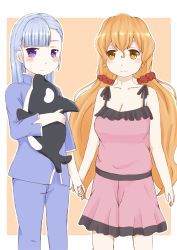 Rule 34 | 10s, 2girls, bad id, bad pixiv id, blue hair, blush, breasts, cleavage, fin e ld si laffinty, hair down, holding hands, heart, heart-shaped pupils, htm-ruto, light smile, long hair, muginami, multiple girls, orange eyes, orange hair, orca, pajamas, purple eyes, rinne no lagrange, star-shaped pupils, star (symbol), stuffed animal, stuffed toy, symbol-shaped pupils, twintails, very long hair