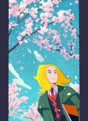 Rule 34 | 1boy, black vest, blonde hair, branch, cherry blossoms, closed mouth, cloud, collared shirt, commentary request, creatures (company), day, falling petals, game freak, green jacket, hassel (pokemon), highres, jacket, male focus, medium hair, necktie, nintendo, open clothes, open jacket, orange eyes, outdoors, parted bangs, petals, pokemon, pokemon sv, ponytail, red necktie, shirt, sketchbook, sky, smile, solo, tree, u2t5k2s5, vest, white shirt