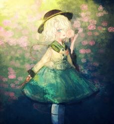 Rule 34 | 1girl, :d, aqua eyes, arm at side, black hat, blouse, blush, bush, collared shirt, elbow gloves, faux traditional media, feet out of frame, flower, frilled shirt collar, frilled sleeves, frills, from side, gloves, green skirt, hair over one eye, hand up, hat, hat ribbon, holding, holding flower, holding scissors, komeiji koishi, long sleeves, looking at viewer, looking to the side, medium skirt, muted color, open mouth, parted bangs, pink flower, pink rose, plant, pleated skirt, ribbon, rose, rose bush, scissors, shirt, short hair, skirt, smelling, smelling flower, smile, socks, solo, standing, string, touhou, vignetting, wavy hair, white hair, white socks, wide sleeves, yellow ribbon, yellow shirt, yujup