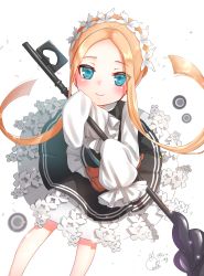 Rule 34 | 1girl, abigail williams (fate), apron, black skirt, blonde hair, blue eyes, bow, butterfly hair ornament, fate/grand order, fate (series), hair ornament, heroic spirit chaldea park outfit, highres, key, long hair, maid, maid apron, maid headdress, mary janes, orange bow, parted bangs, shoes, skirt, sleeves past fingers, sleeves past wrists, stuffed animal, stuffed toy, teddy bear, white bow, yukiririn