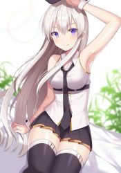 Rule 34 | 1girl, arm up, armpits, azur lane, bad id, bad twitter id, bare shoulders, black necktie, blurry, blurry background, blush, breasts, buckle, buttons, collared shirt, enterprise (azur lane), izumo neru, large breasts, long hair, looking at viewer, miniskirt, necktie, purple eyes, shirt, silver hair, sitting, skindentation, skirt, sleeveless, sleeveless shirt, smile, solo, thigh strap, thighhighs, thighs, very long hair