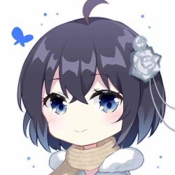 Rule 34 | 1girl, antenna hair, blue butterfly, blue eyes, blue hair, bug, butterfly, closed mouth, flower, gou lianlian dogface, hair between eyes, hair flower, hair ornament, honkai (series), honkai impact 3rd, insect, looking at viewer, scarf, seele vollerei, short hair, simple background, smile, solo, white background, white flower