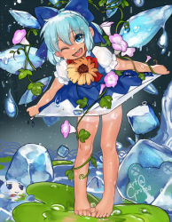 Rule 34 | 1girl, :d, barefoot, blue bow, blue dress, blue eyes, blue hair, bow, bowtie, cirno, curtsey, detached wings, dress, feet, female focus, flower, girutea, hair bow, highres, ice, ice wings, leaning forward, leaning to the side, looking at viewer, one eye closed, open mouth, pigeon-toed, plant, red bow, red bowtie, round teeth, short hair, smile, solo, sunflower, tan, tanline, teeth, toes, touhou, twitter username, vines, water, wet, wings