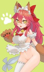 Rule 34 | 1girl, animal ear fluff, animal ears, animal hands, apron, bell, bottomless, bow, breasts, commentary request, cowboy shot, fate/grand order, fate (series), fox ears, fox tail, frilled apron, frilled bow, frilled thighhighs, frills, green background, hair between eyes, highres, ke-su, large breasts, long hair, looking at viewer, maid headdress, naked apron, navel, neck bell, open mouth, paw print, paw print background, pink hair, red bow, sideboob, simple background, single thighhigh, solo, tail, tamamo (fate), tamamo cat (fate), thighhighs, white apron, white thighhighs