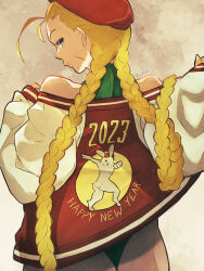 Rule 34 | 1girl, 2023, ahoge, ass, bare shoulders, beret, blonde hair, braid, cammy white, capcom, clothes writing, commentary request, english text, facial scar, from behind, gradient background, green leotard, happy new year, hat, highleg, highleg leotard, highres, jacket, leotard, long hair, looking at viewer, looking back, new year, off shoulder, print jacket, scar, scar on cheek, scar on face, signature, solo, standing, street fighter, street fighter ii (series), sukajan, thong leotard, twin braids, very long hair, yuenibushi