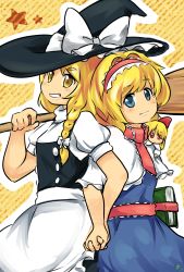 Rule 34 | 2girls, alice margatroid, apron, ascot, blonde hair, blue eyes, blush, book, braid, broom, capelet, couple, grimoire, hairband, holding hands, hat, highres, holding, holding book, kirisame marisa, long hair, multiple girls, pmx, red eyes, sash, shanghai doll, short hair, side braid, smile, striped, striped background, touhou, waist apron, witch hat, yellow eyes, yuri