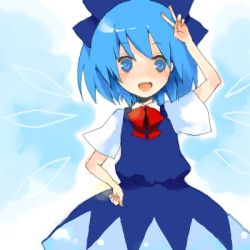 Rule 34 | 1girl, blue eyes, blue hair, bow, cirno, embodiment of scarlet devil, female focus, hand on own hip, lowres, matching hair/eyes, rin (artist), rin (royal), smile, solo, touhou, v, wings