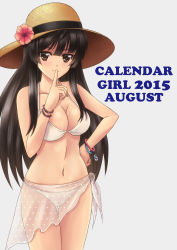 Rule 34 | 1girl, absurdres, bikini, black hair, breasts, brown eyes, cleavage, finger to mouth, hat, highres, long hair, looking at viewer, medium breasts, navel, original, sarong, sawwei005, simple background, smile, solo, standing, swimsuit