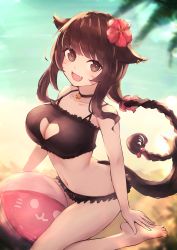 Rule 34 | 1girl, :d, absurdres, animal ears, ball, bare legs, bare shoulders, beach, beachball, bell, bikini, black bikini, braid, breasts, cat ears, cat girl, cat tail, cleavage, cleavage cutout, clothing cutout, commission, day, facial mark, fang, flower, frilled bikini, frills, hair flower, hair ornament, hair ribbon, heart cutout, hibiscus, highres, jingle bell, large breasts, long hair, looking at viewer, navel, neck bell, on ground, open mouth, original, outdoors, red flower, red ribbon, reizouko, ribbon, sidelocks, single braid, sitting, skeb commission, skin fang, smile, solo, swimsuit, tail, teeth, very long hair, water, whisker markings