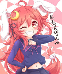 Rule 34 | 1girl, ahoge, animal ears, bad id, bad pixiv id, rabbit hair ornament, commentary request, cowboy shot, crescent, crescent hair ornament, hair between eyes, hair ornament, kantai collection, long hair, long sleeves, looking at viewer, one eye closed, open mouth, pink hair, rabbit ears, red eyes, school uniform, serafuku, sills, skirt, smile, solo, two-tone background, uzuki (kancolle)