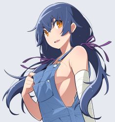 Rule 34 | 1girl, adjusting clothes, bandaged arm, bandages, blue hair, breasts, brown eyes, hair ribbon, highres, kanbaru suruga, long hair, looking at viewer, medium breasts, monogatari (series), naked overalls, open mouth, overalls, purple ribbon, ribbon, sideboob, simple background, solo, twintails, upper body, white background, yamanami kousuke