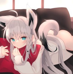 Rule 34 | 1girl, absurdres, ahoge, animal ears, bench, blush, bottomless, braid, commentary request, earrings, extra ears, fox ears, fox girl, fox tail, green eyes, hair between eyes, highres, hololive, indoors, jewelry, long hair, looking at viewer, lying, maikro, hugging object, on stomach, pillow, pillow hug, shirakami fubuki, shirt, sidelocks, single braid, solo, tail, virtual youtuber, white hair, white shirt
