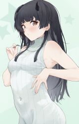 Rule 34 | 1girl, armpits, black hair, blush, breasts, brown eyes, commentary request, covered navel, cowboy shot, green background, groin, hand on own stomach, highres, idolmaster, idolmaster shiny colors, long hair, looking at viewer, mayuzumi fuyuko, shirt, sidelocks, small breasts, solo, star (symbol), starry background, turtleneck, white shirt, yamanoko 19517