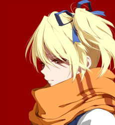 Rule 34 | 1girl, artist request, bad id, bad pixiv id, blonde hair, blue ribbon, ears, female focus, from side, hair ribbon, kirishima kirihiko, kurenai, looking at viewer, red background, ribbon, scarf, shaded face, side ponytail, simple background, solo, source request