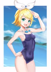 Rule 34 | 1girl, aqua eyes, bad id, bad twitter id, blonde hair, blue one-piece swimsuit, blue sky, bow, breasts, collarbone, commentary, cowboy shot, day, fang, framed image, goggles, goggles around neck, hair bow, hair ornament, hairclip, hand on own hip, hand up, highres, itogari, kagamine rin, looking at viewer, mountainous horizon, navel, ocean, one-piece swimsuit, open mouth, outside border, salute, short hair, shoulder tattoo, sky, small breasts, smile, solo, swept bangs, swimsuit, tattoo, vocaloid, white bow