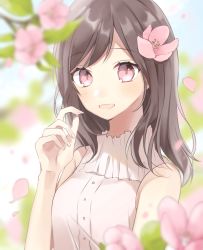 Rule 34 | 1girl, :d, absurdres, bad id, bad pixiv id, bare arms, bare shoulders, blue sky, blurry, blurry background, blurry foreground, blush, breasts, brown hair, commentary request, day, depth of field, flower, hachimitsu honey, hair flower, hair ornament, hand up, highres, long hair, looking at viewer, open mouth, original, outdoors, petals, pink eyes, pink flower, shirt, sky, sleeveless, sleeveless shirt, small breasts, smile, solo, swept bangs, upper body, white shirt