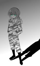 Rule 34 | 1girl, absurdres, aqua eyes, arms behind back, boots, camouflage, camouflage jacket, camouflage pants, expressionless, female focus, full body, gradient background, grey background, greyscale, highres, hiiragi nana, jacket, looking at viewer, military, military uniform, monochrome, munou na nana, pants, ponytail, simple background, solo, spoilers, spot color, standing, uniform, white background, yukisa