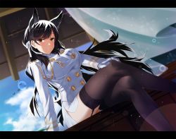 Rule 34 | 1girl, animal ears, atago (azur lane), azur lane, black thighhighs, blue sky, blurry, blush, breasts, brown eyes, brown hair, buttons, closed mouth, crossed legs, day, depth of field, epaulettes, feet out of frame, garter straps, jacket, kagiyama (clave), large breasts, lens flare, letterboxed, long hair, long sleeves, looking at viewer, military jacket, miniskirt, mole, mole under eye, pencil skirt, revision, sitting, skirt, sky, smile, solo, thighhighs, white jacket