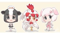 Rule 34 | 10s, 3girls, animal ears, animal print, bare shoulders, bell, bird tail, bird wings, black hair, boots, bow, bowtie, chibi, chicken (kemono friends), cow ears, cow print, cow tail, cross-laced footwear, detached sleeves, dress, gloves, hair tie, head wings, holstein friesian cattle (kemono friends), kemono friends, knees together feet apart, lace-up boots, crossed legs, multicolored hair, multiple girls, pig (kemono friends), pig ears, pig nose, pig tail, pink hair, pleated dress, pleated skirt, puffy short sleeves, puffy sleeves, red hair, short hair, short sleeves, skirt, standing, standing on one leg, tail, tail bell, tail bow, tail ornament, tatsuno newo, thigh boots, thighhighs, trait connection, white hair, wings, zettai ryouiki