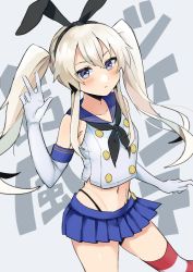 Rule 34 | 1girl, absurdres, alternate hairstyle, black hairband, black panties, blonde hair, blue sailor collar, blue skirt, character name, commentary, crop top, elbow gloves, gloves, grey background, grey eyes, hairband, highleg, highleg panties, highres, kantai collection, long hair, microskirt, miniskirt, panties, pleated skirt, sailor collar, shimakaze (kancolle), skirt, solo, striped clothes, striped thighhighs, text background, thighhighs, toriniku senshi chikinman, twintails, underwear, white gloves
