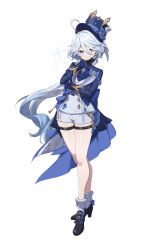 Rule 34 | 1girl, ahoge, ascot, bare legs, black footwear, blue ascot, blue eyes, blue hair, blue hat, blue jacket, brooch, commentary request, full body, furina (genshin impact), genshin impact, hat, high heels, highres, jacket, jewelry, kinokare, long hair, long sleeves, looking at viewer, open clothes, open jacket, shirt, short shorts, shorts, simple background, smile, socks, solo, standing, thigh strap, thighs, top hat, very long hair, white background, white shirt, white shorts, white socks