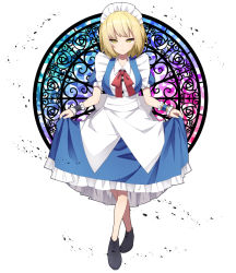 Rule 34 | 1girl, apron, black footwear, blonde hair, blue dress, bow, bowtie, breasts, dress, frilled dress, frills, full body, holding, holding clothes, holding dress, maid, maid headdress, medium breasts, mugetsu (touhou), puffy short sleeves, puffy sleeves, red bow, red bowtie, sea scorpion (umisasori), short sleeves, touhou, touhou (pc-98), waist apron, white apron, white background, yellow eyes