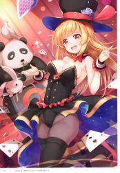 Rule 34 | 1girl, absurdres, animal, artist name, bamboo, bare shoulders, bird, black leotard, black pantyhose, blonde hair, blush, breasts, card, cleavage, confetti, detached collar, dove, eating, frills, hat, highleg, highleg leotard, highres, hinooka shuuji, leg up, leotard, long hair, looking at viewer, medium breasts, melonbooks, open mouth, orange eyes, overskirt, page number, panda, pantyhose, rabbit, red footwear, scan, shoes, simple background, smile, sparkle, star (symbol), star print, strapless, strapless leotard, thighhighs, wrist cuffs