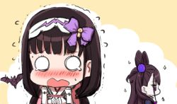 Rule 34 | 2girls, arm guards, bad id, bad pixiv id, blush, bow, brown background, brown hair, cape, chibi, commentary request, cone hair bun, engiyoshi, fate/grand order, fate (series), flying sweatdrops, hair bun, hair ornament, hairband, hands up, japanese clothes, kimono, long hair, looking at viewer, multiple girls, murasaki shikibu (fate), nose blush, o o, open mouth, osakabehime (fate), pink cape, profile, puff and slash sleeves, puffy sleeves, purple bow, purple eyes, sparkle, teardrop, trembling, two-tone background, two side up, wavy mouth, white background, white hairband, white kimono