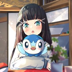 Rule 34 | 1girl, absurdres, black hair, blunt bangs, blush, blush stickers, chestnut mouth, commission, creatures (company), crossed arms, game freak, gen 4 pokemon, green eyes, hair ornament, hairclip, highres, holding, holding pokemon, indoors, kurosawa dia, long hair, long sleeves, looking down, love live!, love live! sunshine!!, mole, mole under mouth, nintendo, open mouth, piplup, pixiv commission, plant, poke ball, pokemon, pokemon (creature), potted plant, school uniform, serafuku, shelf, solo, woruta (soloistlist)