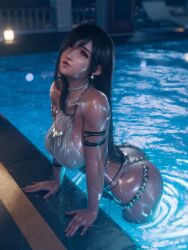 1girl arm_support armlet ass belly_chain bikini black_hair brown_eyes final_fantasy final_fantasy_vii final_fantasy_vii_ever_crisis highres jewelry official_alternate_costume pool poolside ria_(baka-neearts) see-through_clothes solo swimsuit tifa_lockhart tifa_lockhart_(passion_mermaid) wet wet_bikini white_bikini