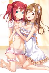 Rule 34 | 10s, 2girls, bare legs, bare shoulders, barefoot, blush, breasts, brown eyes, brown hair, chemise, choker, cleavage, crop top, dress, frills, green eyes, hairband, highres, holding hands, hug, kneeling, kunikida hanamaru, kurosawa ruby, long hair, looking at viewer, love live!, love live! sunshine!!, medium breasts, multiple girls, navel, open mouth, red hair, shorts, small breasts, smile, songmil, thigh strap, twintails, two side up, white dress