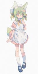 Rule 34 | 1girl, animal ear fluff, animal ears, apron, arm at side, bandaid, bandaid on hand, bandaid on knee, bandaid on leg, beret, black footwear, closed mouth, daizu (melon-lemon), dog ears, dog girl, dog tail, dress, expressionless, film grain, frilled apron, frilled cuffs, frills, full body, green hair, grey background, hair between eyes, hair ornament, hair ribbon, hand up, hat, highres, mary janes, muted color, neck ribbon, no nose, orange eyes, original, pigeon-toed, pink dress, plaid, plaid dress, pocket, puffy short sleeves, puffy sleeves, ribbon, shoes, short hair, short sleeves, sidelocks, simple background, socks, solo, standing, tail, tareme, two side up, white apron, white hat, white ribbon, white socks, wing collar, wrist cuffs, wrist extended, yellow ribbon