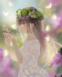 Rule 34 | 1girl, animal, blue eyes, blurry, blurry background, blush, brown hair, bug, butterfly, closed mouth, commentary request, depth of field, dress, earrings, floating hair, flower, green flower, hair between eyes, hands up, head wreath, highres, insect, jewelry, lilac, long hair, naruse chisato, original, purple flower, short sleeves, smile, solo, very long hair, white dress