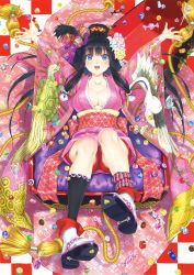 Rule 34 | 1girl, :d, absurdres, animal print, arms up, asymmetrical legwear, black hair, blue eyes, box, breasts, candy, checkered floor, cleavage, flower, flower on head, food, hair flower, hair ornament, happoubi jin, highres, japanese clothes, kimono, large breasts, long hair, looking at viewer, lying, no bra, on back, open mouth, original, pink kimono, sandals, smile, solo, uneven legwear, yukata