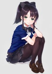 Rule 34 | 1girl, bad id, bad pixiv id, black bow, black skirt, blue jacket, blush, bow, brown footwear, brown hair, brown pantyhose, closed mouth, collared shirt, commentary request, dress shirt, full body, goyain, green eyes, grey background, hair bow, hand up, high ponytail, highres, jacket, loafers, original, pantyhose, pleated skirt, ponytail, shadow, shirt, shoes, short sleeves, sitting, skirt, smile, solo, white shirt