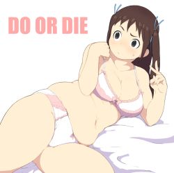Rule 34 | 1girl, accio, belly, black eyes, blush, bra, breasts, brown hair, cleavage, english text, frown, hair ribbon, large breasts, long hair, lying, navel, on side, original, panties, plump, ribbon, simple background, solo, tanuma miyuki, thick thighs, thighs, twintails, underwear, underwear only, white bra, white panties