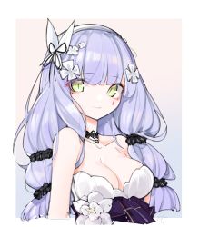 Rule 34 | absurdres, bare arms, black choker, black ribbon, blue background, border, breasts, choker, cleavage, closed mouth, collarbone, commentary, dress, error1980, eyes visible through hair, flower, girls&#039; frontline, gradient background, green eyes, hair ribbon, hairband, highres, hk416 (girls&#039; frontline), hk416 (starry cocoon) (girls&#039; frontline), large breasts, long hair, looking at viewer, official alternate costume, pink background, purple hair, ribbon, signature, slit pupils, smile, solo, teardrop facial mark, upper body, white border, white dress, white flower, white hairband