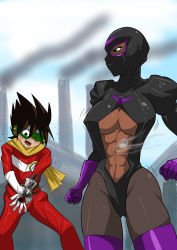 Rule 34 | 1boy, 1girl, abs, age difference, artist request, battle, bodysuit, boots, breasts, center opening, dark skin, femdom, gloves, head-mounted display, highres, large breasts, original, pain, punched, scarf, superhero costume, thigh boots, thighhighs, toned, underboob, wince, zentai