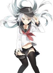 10s 1girl adjusting_clothes adjusting_headwear black_thighhighs blue_eyes chibirisu female_focus hat hibiki_(kancolle) highres kantai_collection long_hair open_mouth panties school_uniform serafuku silver_hair skirt solo thighhighs underwear white_panties