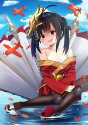 Rule 34 | 1girl, aged down, ahoge, aircraft, airplane, azur lane, bare shoulders, black hair, black pantyhose, blue sky, blush, cloud, collarbone, commentary, day, hair between eyes, ikazu401, japanese clothes, kimono, long hair, long sleeves, looking at viewer, mask, mask on head, obi, off shoulder, outdoors, pantyhose, parted lips, red eyes, red kimono, sash, shoe soles, shoes, sitting, sky, smile, solo, taihou (azur lane), twintails, water, wide sleeves
