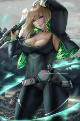Rule 34 | 1girl, aura, black bodysuit, black choker, black jacket, blue eyes, bodysuit, breast tattoo, breasts, choker, cleavage, eunie (xenoblade), head wings, holding, holding weapon, hood, hoodie, jacket, large breasts, long hair, long sleeves, looking at viewer, open clothes, open jacket, solo, tattoo, weapon, wei (promise 0820), white wings, wings, xenoblade chronicles (series), xenoblade chronicles 3